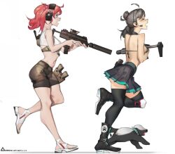 Rule 34 | 2girls, aac honey badger, ahoge, animal, artist name, assault rifle, bike shorts, bikini, boots, breasts, closed eyes, crop top, ear protection, earpiece, from side, girls&#039; frontline, grey hair, gun, h&amp;k mp7, hair ornament, holding, holding gun, holding weapon, honey badger, honey badger (girls&#039; frontline), integral suppressor, integrally-suppressed firearm, medium breasts, medium hair, mp7 (girls&#039; frontline), multiple girls, navel, open mouth, personal defense weapon, pleated skirt, red hair, rifle, rosetta(obsidian117), running, sandals, scope, skirt, submachine gun, suppressor, swimsuit, weapon, white background, yellow eyes