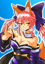 Rule 34 | 10s, 1girl, animal ears, bare shoulders, blush, bow, breasts, cleavage, detached sleeves, fate/extra, fate (series), fox ears, fox tail, hair bow, hair ribbon, japanese clothes, large breasts, naughty face, pink hair, ribbon, solo, tail, tamamo no mae (fate/extra), twintails, yellow eyes, zatou (kirsakizato)
