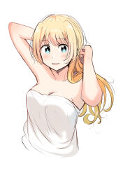 Rule 34 | 1girl, absurdres, betock, blonde hair, blue eyes, breasts, cleavage, commentary request, cropped torso, highres, long hair, medium breasts, naked towel, open mouth, original, simple background, solo, sweatdrop, teeth, towel, tying hair, upper body, upper teeth only, white background
