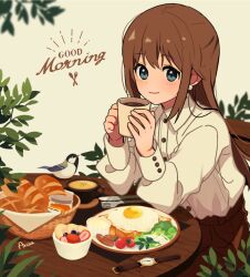 Rule 34 | 1girl, animal, aqua eyes, arisa (aren), artist name, bird, black eyes, blush, bread, brown hair, buttoned cuffs, buttons, cherry tomato, closed mouth, coffee, collared shirt, commentary, cup, dress shirt, drink, earrings, food, fork, fried egg, fruit, good morning, grey background, hands up, highres, holding, holding cup, holding drink, jar, jewelry, knife, leaning forward, long hair, long sleeves, looking at viewer, mug, notice lines, original, plant, plate, sausage, shirt, signature, sitting, smile, solo, spoon, strawberry, tomato, upper body, vegetable, watch, white shirt, wristwatch