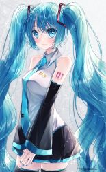 Rule 34 | 1girl, absurdres, arm tattoo, black skirt, black sleeves, black thighhighs, blue eyes, blue hair, blue nails, blue necktie, blush, breasts, character name, closed mouth, collared shirt, cowboy shot, detached sleeves, grey background, grey shirt, hair between eyes, hair ornament, hatsune miku, highres, long hair, long sleeves, medium breasts, miniskirt, nail polish, namikaze bon, necktie, number tattoo, pleated skirt, shirt, signature, skirt, sleeveless, sleeveless shirt, smile, solo, standing, tattoo, thighhighs, twintails, very long hair, vocaloid, wing collar, zettai ryouiki