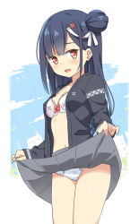 Rule 34 | 1girl, :d, black hair, black jacket, blush, bow, bow bra, bra, breasts, chinese commentary, clothes lift, commentary request, day, floral print, flower, grey skirt, hair bun, hair flower, hair ornament, hair ribbon, hairclip, hatsunatsu, jacket, lifting own clothes, long hair, long sleeves, navel, open clothes, open jacket, open mouth, original, panties, pleated skirt, print bra, red eyes, red flower, ribbon, side bun, single hair bun, single side bun, skirt, skirt lift, sleeves past wrists, small breasts, smile, solo, standing, underwear, very long hair, white bra, white panties, white ribbon