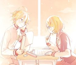 Rule 34 | 1boy, 1girl, arm support, armband, black shirt, blonde hair, blue eyes, bow, collar, commentary, desk, eraser, executive student council (module), from side, hair bow, head rest, holding, holding pen, jacket, kagamine len, kagamine rin, long sleeves, looking at another, notepad, paper, pen, pen to chin, pencil case, pleated skirt, project diva (series), red collar, red skirt, sailor collar, school uniform, shirt, short hair, sitting, skirt, smile, spiked hair, suzumi (fallxalice), swept bangs, trad school (module), uniform, upper body, vocaloid, white jacket, white uniform