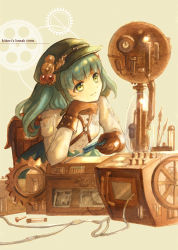 Rule 34 | 1girl, arm support, bad id, bad pixiv id, blue skirt, brown gloves, buttons, closed mouth, gloves, green eyes, green hair, hair bobbles, hair ornament, hand on own cheek, hand on own chin, hand on own face, hand up, harness, hat, head rest, holding, kawashiro nitori, keiko (mitakarawa), light smile, long sleeves, looking away, pocket, screw, screwdriver, shirt, short hair, skirt, skirt set, solo, steampunk, strap, touhou, two side up, upper body, white shirt