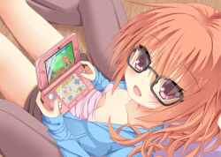 Rule 34 | 1girl, bespectacled, blush, breasts, collarbone, game console, glasses, handheld game console, inaba meguru, looking at viewer, monster hunter (series), monster hunter 4, nekono, nintendo 3ds, orange hair, playing games, pov, purple eyes, sanoba witch, small breasts, smile, solo