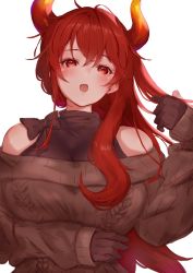 Rule 34 | 1girl, bare shoulders, black bow, black gloves, black shirt, blush, bow, breasts, brown sweater, dola (nijisanji), gloves, highres, horns, large breasts, long hair, looking at viewer, meatn, nijisanji, open mouth, red eyes, red hair, ribbed sweater, shirt, sweater, virtual youtuber, white background