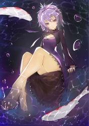 Rule 34 | 1girl, bana (stand flower), barefoot, breasts, cleavage, darker than black, dress, foreshortening, from below, full body, high ponytail, highres, long hair, long sleeves, looking down, parted lips, purple dress, purple eyes, purple hair, short dress, shrug (clothing), sitting, small breasts, soaking feet, solo, yin (darker than black)