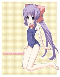 Rule 34 | bow, hair ribbon, long hair, lowres, one-piece swimsuit, ponytail, purple eyes, purple hair, ribbon, school swimsuit, solo, swimsuit