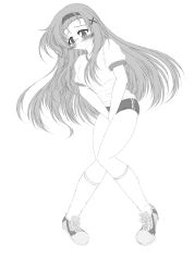 Rule 34 | 1girl, between legs, blush, breasts, buruma, embarrassed, female focus, full body, glasses, greyscale, gym uniform, hair ornament, hand between legs, have to pee, headband, highres, kishima tower, kneehighs, knees together feet apart, long hair, medium breasts, monochrome, original, own hands together, pigeon-toed, revision, shirt, shoes, short sleeves, simple background, socks, solo, standing, v arms, white background, x hair ornament