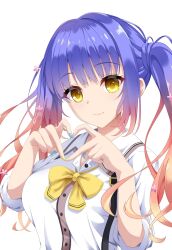 Rule 34 | 1girl, blonde hair, blue hair, blue nails, bow, breasts, closed mouth, commentary, eyelashes, eyes visible through hair, fingernails, flower, gradient hair, hair between eyes, hair flower, hair ornament, half updo, hands up, heart, heart hands, highres, kohibari kurumi, large breasts, long hair, looking at viewer, multicolored hair, nail polish, school uniform, shirt, simple background, smile, solo, suspenders, tenshi souzou re-boot!, twintails, upper body, wavy hair, white background, white shirt, yamichi (yamichi8369), yellow bow, yellow eyes, yellow nails