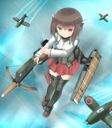 Rule 34 | 10s, 1girl, aircraft, airplane, bike shorts, black thighhighs, blush, bow (weapon), brown eyes, brown hair, butatikin, crossbow, flat chest, flight deck, headband, headgear, highres, kantai collection, personification, pleated skirt, short hair, skirt, smile, solo, taihou (kancolle), thighhighs, weapon