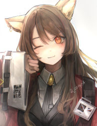 Rule 34 | 1girl, absurdres, animal ears, arknights, bad id, bad pixiv id, brooch, brown hair, cat ears, closed mouth, collared shirt, earrings, highres, jacket, jeon yoa, jewelry, long hair, long sleeves, looking at viewer, necktie, one eye closed, open clothes, open jacket, orange eyes, qr code, red jacket, shirt, skyfire (arknights), smile, solo, striped clothes, striped necktie, striped neckwear, upper body, vertical-striped clothes, vertical-striped necktie, wide sleeves