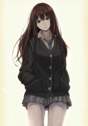 Rule 34 | 10s, 1girl, brown hair, cardigan, commentary request, earrings, expressionless, green eyes, hands in pockets, idolmaster, idolmaster cinderella girls, jewelry, long hair, looking at viewer, naga1047, necklace, necktie, school uniform, shibuya rin, solo