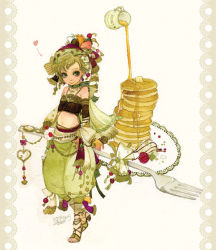 Rule 34 | 1990s (style), 1girl, bad id, bad pixiv id, bandeau, bare shoulders, blonde hair, butter, choker, dripping, earrings, final fantasy, final fantasy vi, flat chest, food, fork, green eyes, hat, heart, honey, jewelry, midriff, mini person, minigirl, mog, moogle, navel, necklace, oversized object, painting (medium), pancake, pancake stack, pouring, relm arrowny, retro artstyle, ribbon, sakizou, sandals, short hair, smile, strapless, traditional media, tube top, watercolor (medium)