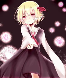 Rule 34 | 1girl, ascot, bad id, bad pixiv id, black dress, blonde hair, blush, clothes lift, darkness, dress, dress lift, female focus, highres, lights, long sleeves, looking at viewer, misa (kaeruhitode), outstretched arm, outstretched hand, pink eyes, rumia, shirt, short hair, smile, solo, touhou