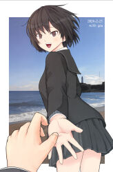 Rule 34 | 1boy, 1girl, :d, amagami, beach, black hair, black jacket, black sailor collar, black skirt, blazer, blue sky, border, breasts, brown eyes, cloud, collared shirt, commentary, cowboy shot, dated, dress shirt, english commentary, english text, grey sweater, highres, imminent hand holding, jacket, kibito high school uniform, lighthouse, long sleeves, looking at viewer, looking back, medium breasts, nanasaki ai, open mouth, outside border, outstretched arm, photo background, pleated skirt, pov, pov hands, reaching, reaching towards viewer, sailor collar, saitou shouki, sand, school uniform, shirt, short hair, skirt, sky, smile, solo, solo focus, standing, sweater, tachibana jun&#039;ichi, teeth, upper teeth only, water, waves, white border, white shirt