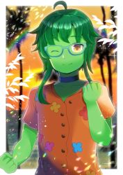 Rule 34 | 1girl, ;), ahoge, blue-framed eyewear, blue choker, brown eyes, brown shirt, choker, closed mouth, collarbone, colored skin, commission, copyright request, floral print, glasses, green hair, green skin, kou hiyoyo, lens flare, looking at viewer, one eye closed, palm tree, print shirt, shirt, short sleeves, skeb commission, smile, solo, tree, upper body