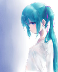 Rule 34 | 1girl, aqua hair, blue eyes, breasts, closed mouth, covered erect nipples, gradient background, hatsune miku, highres, kowiru, long hair, profile, small breasts, solo, twintails, vocaloid