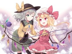 Rule 34 | 2girls, :d, ;), artist name, ascot, black legwear, blonde hair, bow, fang, flandre scarlet, frilled sleeves, frills, green eyes, green hair, hat, hat bow, heart, heart of string, holding hands, interlocked fingers, komeiji koishi, leaning forward, long hair, looking at another, minust, mob cap, multiple girls, one eye closed, open mouth, red eyes, skirt, skirt set, slit pupils, smile, thighhighs, touhou, wide sleeves, wings, wrist cuffs