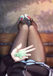 Rule 34 | 1girl, absurdres, animal charm, aqua footwear, bench, black jacket, blue archive, from above, highres, holding, jacket, kazusa (blue archive), charm (object), pantyhose, rancidronin, shoes, sitting, skirt, sneakers, solo, thighs
