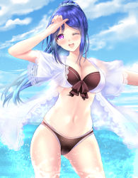 Rule 34 | 10s, 1girl, arm up, bad id, bad pixiv id, bikini, black bikini, blue hair, blue sky, blush, breasts, cleavage, clenched hand, cloud, cowboy shot, day, front-tie bikini top, front-tie top, hand on own forehead, large breasts, long hair, looking at viewer, love live!, love live! school idol festival, love live! sunshine!!, matsuura kanan, md5 mismatch, navel, ocean, one eye closed, open mouth, outdoors, ponytail, ponytail korosuke, purple eyes, scrunchie, see-through, shirt, short sleeves, sky, smile, solo, standing, swimsuit, water, wet, wet clothes, wet shirt, white shirt