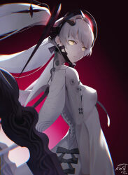 Rule 34 | 1girl, absurdres, black ribbon, bodysuit, breasts, closed mouth, cross-shaped pupils, earrings, floating, floating hair ornament, floating object, floating weapon, grey bodysuit, grey hair, highres, jewelry, kgs (2806489002), long hair, luna: laurel (punishing: gray raven), luna (punishing: gray raven), orange eyes, orb, punishing: gray raven, ribbon, small breasts, symbol-shaped pupils, twintails