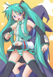 Rule 34 | 2girls, aqua hair, blue eyes, blue hair, blush, breasts, clothes lift, cosplay, crossover, detached sleeves, grabbing, grabbing another&#039;s breast, hat, hatsune miku, hatsune miku (cosplay), headset, hiiragi kagami, izumi konata, long hair, lucky star, mikagami sou, mizukagami sou, multiple girls, nagato yuki, nagato yuki (cosplay), necktie, panties, skirt, skirt lift, striped clothes, striped panties, suzumiya haruhi no yuuutsu, thighhighs, twintails, underwear, vocaloid, witch hat, yuri