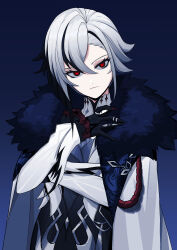 Rule 34 | 1girl, absurdres, aiguillette, arlecchino (genshin impact), black eyes, black gloves, black hair, blue background, closed mouth, coat, frilled sleeves, frills, fur-trimmed coat, fur trim, genshin impact, gloves, gradient background, grey hair, grey vest, hair between eyes, highres, ice (10222), multicolored hair, red pupils, short hair, solo, streaked hair, symbol-shaped pupils, two-tone hair, upper body, vest, white coat, x-shaped pupils