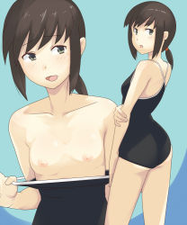 Rule 34 | 10s, 1girl, alternate costume, ass, bare shoulders, black hair, blush, breasts, clothes pull, collarbone, competition school swimsuit, fubuki (kancolle), green eyes, ishinoyari, kantai collection, looking back, low ponytail, multiple views, nipples, one-piece swimsuit, one-piece swimsuit pull, open mouth, pulling own clothes, school swimsuit, short hair, short ponytail, small breasts, swimsuit, undressing