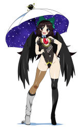 Rule 34 | 1girl, :d, adapted costume, alternate costume, asymmetrical clothes, asymmetrical footwear, asymmetrical legwear, black eyes, black hair, black thighhighs, black wings, blush, boots, bow, breasts, female focus, hair bow, hand on own hip, highleg, highleg leotard, hip focus, hyouju issei, large breasts, leotard, looking at viewer, mismatched footwear, one-piece swimsuit, open mouth, race queen, reiuji utsuho, shiny skin, simple background, skindentation, sky print, smile, solo, starry sky print, swimsuit, thigh boots, thighhighs, third eye, touhou, umbrella, uneven legwear, white background, wings