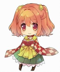 Rule 34 | 1girl, apron, bell, book, checkered clothes, checkered kimono, hair bell, hair ornament, japanese clothes, kimono, lowres, motoori kosuzu, red eyes, red hair, sen1986, short hair, smile, solo, touhou, twintails, two side up, wide sleeves