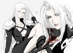 Rule 34 | 1girl, absurdres, armor, belt, black coat, black footwear, black gloves, blood, blood on chest, blood on clothes, boots, breasts, chest strap, coat, crossed legs, duoj ji, final fantasy, final fantasy vii, genderswap, genderswap (mtf), gloves, green eyes, hand up, highres, holding, holding sword, holding weapon, katana, knee boots, light smile, lips, long hair, long sleeves, looking to the side, medium breasts, multiple views, no pants, parted bangs, parted lips, pauldrons, sephiroth, shoulder armor, sitting, sketch, slit pupils, sword, thighs, venus symbol, very long hair, weapon, white hair