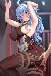 Rule 34 | 1boy, 1girl, ahoge, arm up, armpits, ass grab, bell, black pantyhose, blue hair, blush, bodystocking, breasts, chinese knot, commentary request, covered erect nipples, flower knot, from side, ganyu (genshin impact), genshin impact, goat horns, gold trim, hetero, highres, horns, jack dempa, large breasts, leg up, long hair, long sleeves, looking at another, neck bell, no gloves, outdoors, pantyhose, purple eyes, sideboob, sleeveless, solo focus, standing, sweat, tassel, thighlet, thighs, vision (genshin impact), wavy mouth