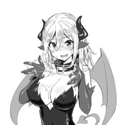 Rule 34 | 1girl, animal ears, blush, breasts, cleavage, collar, covered erect nipples, covered navel, demon girl, demon horns, demon tail, demon wings, elbow gloves, gloves, greyscale, hair between eyes, hands up, heart, heart-shaped pupils, horns, large breasts, long hair, looking at viewer, monochrome, nose blush, open mouth, original, simple background, smile, solo, suggestive fluid, symbol-shaped pupils, tail, upper body, wings, zaxwu