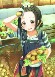 Rule 34 | 1girl, aiuabo, arm up, bangs pinned back, black eyes, black hair, bra strap, clothes around waist, commentary request, day, denim, fence, flower, garden, gloves, hair bun, hair flower, hair ornament, hat basket, highres, hoe, hose, leaf, long hair, looking at viewer, md5 mismatch, open mouth, original, outdoors, overalls, plant, potato, potato hair ornament, potted plant, resolution mismatch, shirt, shirt around waist, short sleeves, single hair bun, solo, source larger, striped clothes, striped shirt, sweat, white flower, white gloves, wiping forehead, wooden fence