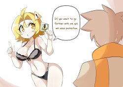 Rule 34 | 1boy, 1girl, absurdres, antenna hair, blonde hair, blush, bra, breasts, character request, colored skin, condom, curvy, dan-chan, hair ornament, hetero, highleg, highleg panties, highres, holding, holding condom, imminent penetration, large breasts, looking at another, lucyfer, open mouth, original, panties, shiny skin, short hair, simple background, sweat, thong, underwear, upper body, what, white background, white skin, yellow eyes
