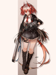 Rule 34 | 1girl, absurdres, arknights, bird tail, black footwear, black gloves, black jacket, black skirt, boots, brown background, closed mouth, collared shirt, feather hair, fiammetta (arknights), frilled skirt, frills, full body, gloves, grey background, gun, harukan tiusu, high-waist skirt, highres, holding, holding gun, holding weapon, jacket, knee boots, long sleeves, looking at viewer, necktie, open clothes, open jacket, red eyes, red hair, red necktie, shirt, short hair, sign, skirt, solo, tail, thigh strap, two-tone background, weapon, white shirt