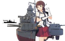 Rule 34 | 1girl, 25mm triple autocannon mount, anchor, aqua eyes, autocannon, binoculars, braid, breasts, bridge, brown hair, cannon, character name, chrysanthemum, collarbone, cowboy shot, cruiser, flag, flower, glove pull, gloves, highres, historical name connection, kantai collection, long hair, looking to the side, mast, medium breasts, military, military vehicle, name connection, noshiro (cruiser), noshiro (kancolle), object namesake, parted lips, pleated skirt, propeller, range finder, red skirt, rigging, rudder, rust, sailor collar, searchlight, ship, shiro yukimichi, short sleeves, simple background, single thighhigh, skirt, solo, standing, thighhighs, turret, twin braids, upper body, warship, watercraft, white background, white gloves, wooden deck