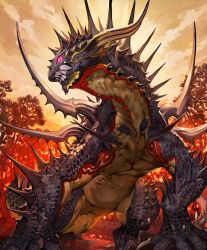 Rule 34 | 10s, backlighting, claws, closed mouth, cloud, cloudy sky, cygames, day, dragon, evening, from below, horns, jabberwock (shingeki no bahamut), looking at viewer, looking down, monster, no humans, official art, outdoors, pink eyes, rock, scales, shadowverse, sharp teeth, shingeki no bahamut, single horn, sky, spikes, sunset, takayama toshiaki, teeth