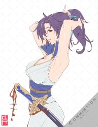 Rule 34 | 1girl, armpits, arms behind head, artist name, belt, breasts, cleavage, cleru (cleruuuuu), commentary, commission, english commentary, fir (fire emblem), fire emblem, fire emblem: the binding blade, hair over one eye, highres, large breasts, nintendo, ponytail, purple eyes, purple hair, short hair, smile, solo, sword, tying hair, weapon, white background
