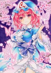 Rule 34 | 1girl, blue kimono, blush, breasts, bug, butterfly, cherry blossoms, closed mouth, commentary request, cowboy shot, flower, frills, hat, insect, japanese clothes, kimono, large breasts, looking at viewer, marker (medium), petals, pink eyes, pink hair, purple background, saigyouji yuyuko, short hair, smile, solo, touhou, traditional media, triangular headpiece, veil, wassmint, wide sleeves