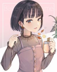 Rule 34 | 1girl, absurdres, ancolatte (onikuanco), black hair, bob cut, brown eyes, commentary request, english text, highres, long sleeves, looking at viewer, nail polish, orange nails, original, parted lips, perfume (cosmetics), plant, short hair, smile, solo, upper body