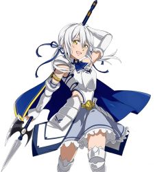 Rule 34 | 10s, 1girl, arm up, armor, armored boots, blue ribbon, boots, breastplate, character request, detached sleeves, floating hair, grey skirt, hair between eyes, hair ribbon, holding, holding weapon, long hair, polearm, ribbon, silver hair, simple background, skirt, solo, standing, sword art online, weapon, white background, yellow eyes