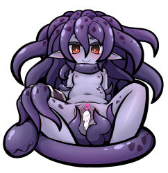 Rule 34 | 1girl, breasts, censored, cum, cum in pussy, female focus, heart, heart censor, highres, monster girl, nipples, nude, original, pointy ears, pussy, red eyes, simple background, small breasts, solo, spread legs, spread pussy, tentacles, tentacle hair, tunberuku, white background
