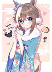 Rule 34 | 1girl, alternate costume, alternate hairstyle, animal ears, blue eyes, blush, cheval grand (umamusume), closed mouth, commentary request, food, hair between eyes, hair ornament, highres, horse ears, horse girl, japanese clothes, kimono, looking at viewer, medium hair, nameko (aa 04), own hands clasped, own hands together, simple background, smile, solo, umamusume