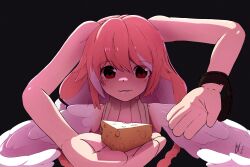 Rule 34 | 1girl, bare arms, black background, cheese, feathered wings, food, hair between eyes, heart, heart-shaped pupils, highres, indie virtual youtuber, long hair, looking at viewer, pillowdear, pink hair, red eyes, simple background, symbol-shaped pupils, vilferoy, wings
