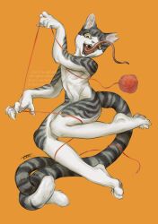 Rule 34 | 1girl, 82 rephap, absurdres, animal ears, arm up, artist name, bakeneko, body fur, cat ears, cat girl, cat tail, claws, completely nude, fangs, floating, full body, furry, furry female, grey fur, hand up, highres, holding, long tail, long tongue, looking at viewer, multiple tails, notched ear, nude, open mouth, orange background, original, signature, simple background, solo, tail, tongue, tongue out, two tails, watermark, white fur, yarn, yarn ball, yellow eyes