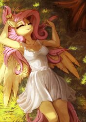 Rule 34 | 1girl, absurdres, closed eyes, dress, fidzfox, fluttershy, highres, long hair, my little pony, my little pony: friendship is magic, on grass, outdoors, personification, pink hair, solo, white dress, yellow fur