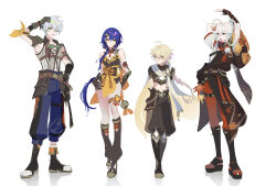 Rule 34 | 1girl, 3boys, aether (genshin impact), ahoge, alternate hair length, alternate hairstyle, arm up, armor, arms behind back, arms up, asymmetrical sleeves, baggy pants, bandaged arm, bandages, bare shoulders, bell, belt, bennett (genshin impact), black belt, black footwear, black gloves, blonde hair, blue hair, blue pants, boots, bow, braid, breasts, brown belt, brown bow, brown dress, brown footwear, brown gloves, brown pants, brown scarf, brown shirt, buttons, cape, chinese clothes, chinese commentary, closed mouth, collared shirt, commentary request, crossed arms, dress, earrings, fingerless gloves, flower knot, full body, genshin impact, gloves, goggles, goggles around neck, gold trim, green eyes, grey gloves, grey hair, grey shirt, hair between eyes, hair ornament, hair ribbon, hairpin, half-closed eyes, hand on own head, hand on own hip, highres, japanese clothes, jewelry, kaedehara kazuha, l0017 jr, leaf, leaf print, leg warmers, long hair, long sleeves, looking at another, looking at viewer, maple leaf, maple leaf print, medium breasts, multicolored hair, multiple boys, navel, neck ribbon, one eye closed, open mouth, pants, pelvic curtain, pom pom (clothes), ponytail, red eyes, red hair, red pants, red ribbon, reflection, ribbon, sandals, scarf, shirt, short dress, short hair, short sleeves, shoulder armor, simple background, single earring, single sidelock, sleeveless, sleeveless shirt, smile, socks, standing, star (symbol), striped bow, tassel, two-sided gloves, two-tone hair, two-tone shirt, white background, white hair, white ribbon, white scarf, white shirt, white socks, wide sleeves, wing collar, xiangling (genshin impact), yellow cape, yellow eyes