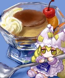 Rule 34 | animal hat, blonde hair, blue tabard, blush, bowl, cherry, closed mouth, commentary, dress, food, fox tail, frilled dress, frilled sleeves, frills, fruit, fumo (doll), hat, holding, holding spoon, kitsune, long sleeves, mob cap, multiple tails, oversized spoon, pudding, short hair, sitting, socks, spoon, symbol-only commentary, tabard, tail, touhou, whipped cream, white socks, yakumo ran, yakumora n, yellow eyes